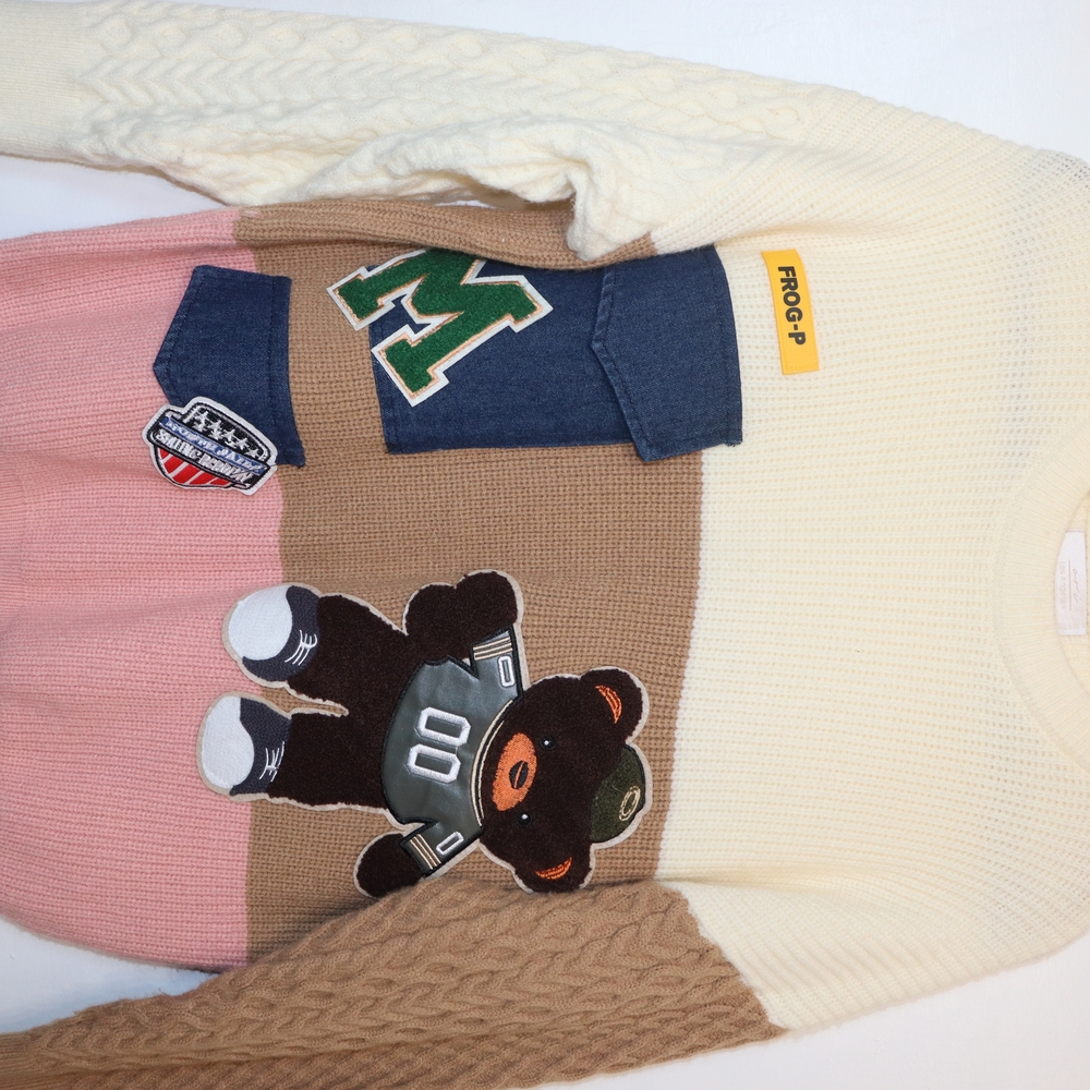 Colorblock Sweater with Bear and Patch Details
